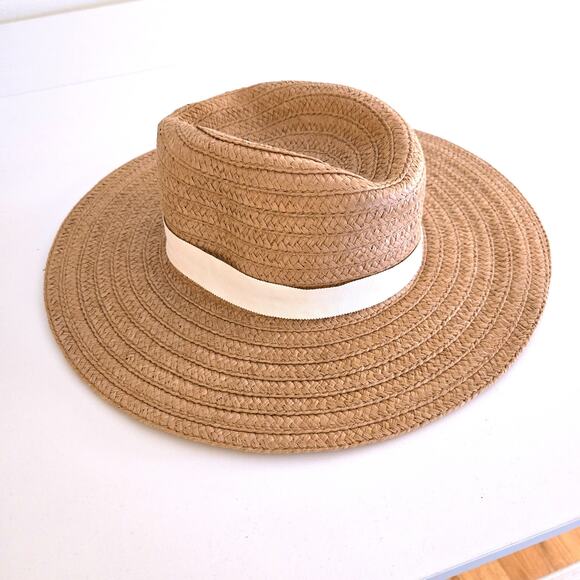 Madewell Tan Straw Packable Wide Brim Hat S/M Warm Nutmeg with White Band - Picture 2 of 8